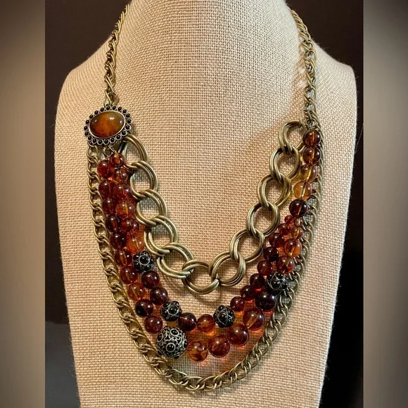 🍀Talbots Multi-Layered Gold and Brown Necklace - Picture 2 of 7